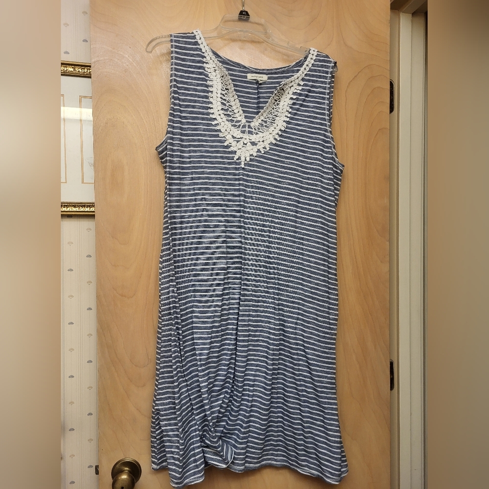 Blue White Stripe Lace Dress Max Studio Summer Beach Boho Prep XL